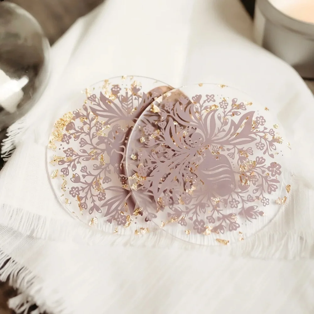 Foul Lady Fortune Coasters Mauve Gold‎ Foil Acrylic Set of 2